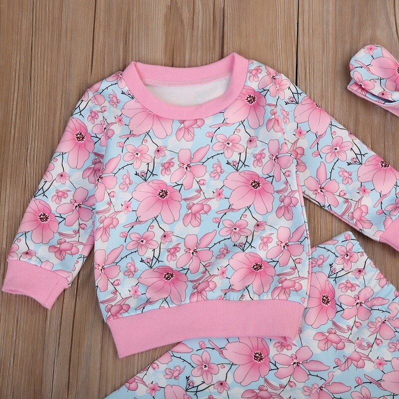 Floral Girls Clothing Set New Kids Baby Girls Floral Long Sleeve Tops Sweatshirt Pants Clothes Cotton Outfits - ebowsos