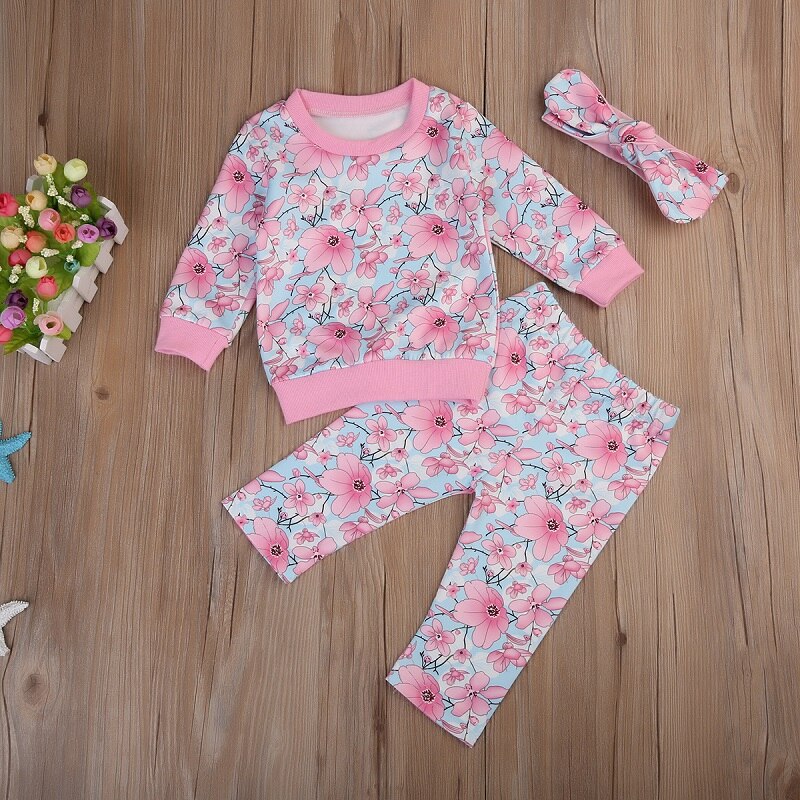 Floral Girls Clothing Set New Kids Baby Girls Floral Long Sleeve Tops Sweatshirt Pants Clothes Cotton Outfits - ebowsos