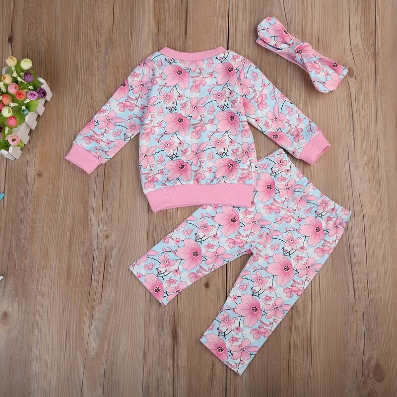 Floral Girls Clothing Set New Kids Baby Girls Floral Long Sleeve Tops Sweatshirt Pants Clothes Cotton Outfits - ebowsos