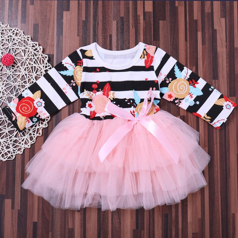 Floral Girls Dresses Baby Girls Children Striped Floral Tutu Tulle Dress Long Sleeve Dress Outfits Clothes - ebowsos