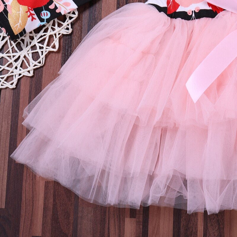 Floral Girls Dresses Baby Girls Children Striped Floral Tutu Tulle Dress Long Sleeve Dress Outfits Clothes - ebowsos