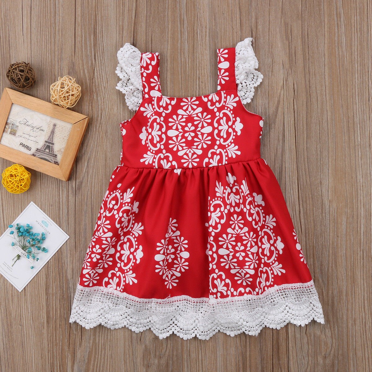 Floral Girls Dresses Lace Flower Cute Infant Girl Princess Party Pageant Short Sleeve Cotton Red Tutu Flower Dress 2-7Y - ebowsos