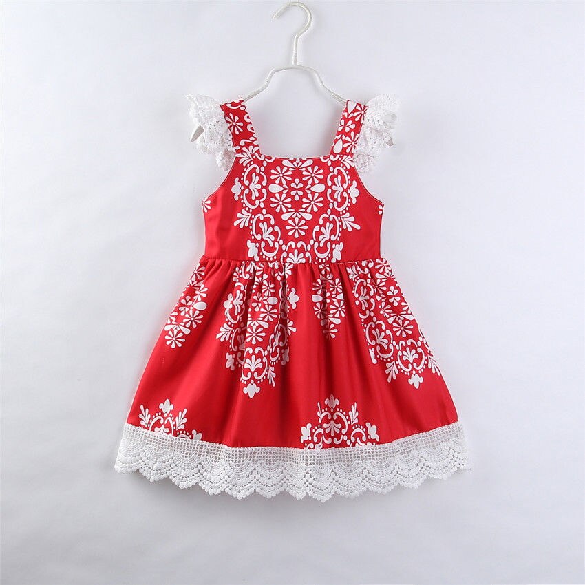 Floral Girls Dresses Lace Flower Cute Infant Girl Princess Party Pageant Short Sleeve Cotton Red Tutu Flower Dress 2-7Y - ebowsos