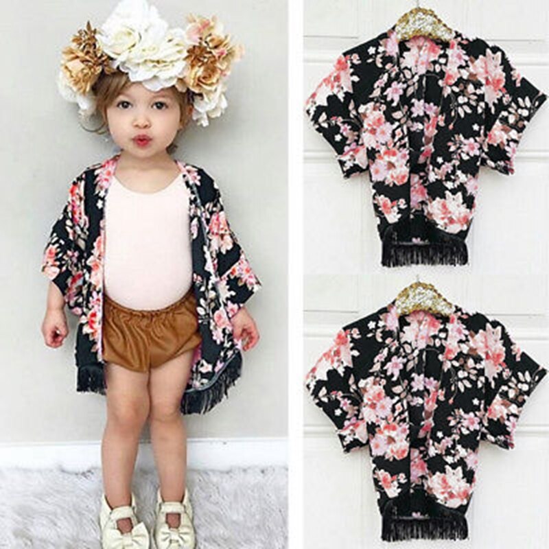 Floral Girls Kids Children Clothing Baby Girls Lace Outfits Tassel Kimono Cardigan Shawl Cover Outfits - ebowsos