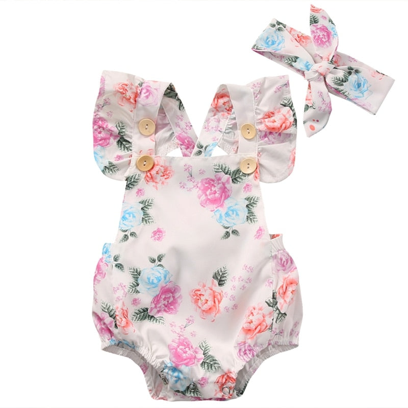 Floral Girls Suit Bodysuit Adorable Baby Girls Floral Bodysuit One-pieces Summer Baby Girl Clothes Sunsuit Set - ebowsos