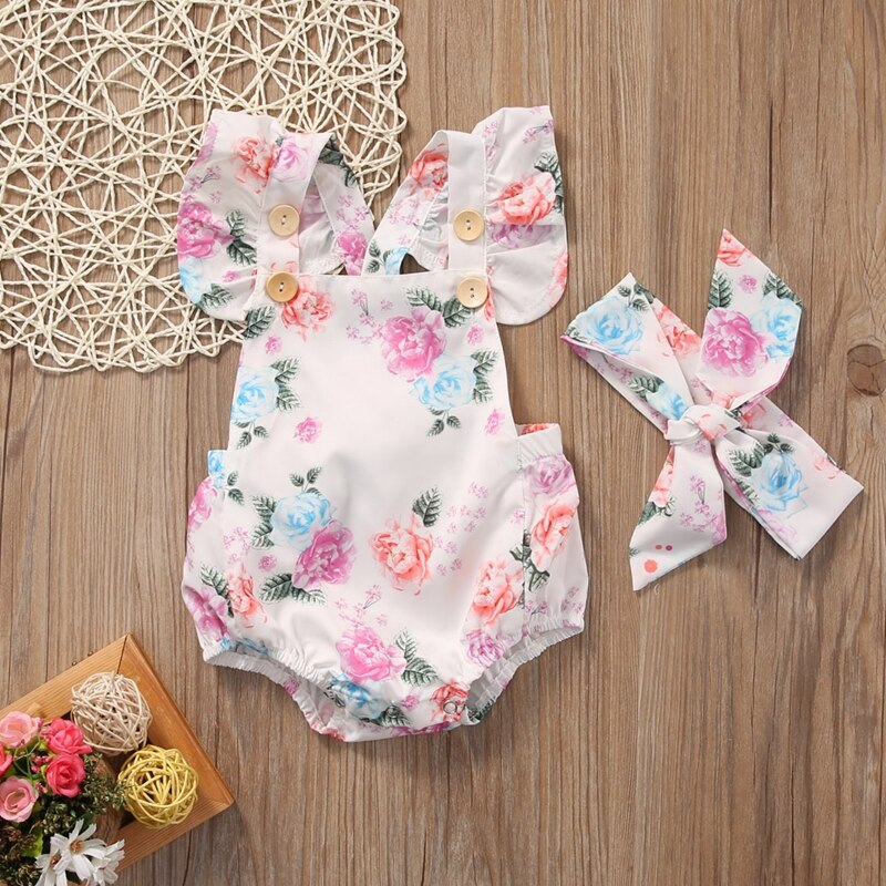 Floral Girls Suit Bodysuit Adorable Baby Girls Floral Bodysuit One-pieces Summer Baby Girl Clothes Sunsuit Set - ebowsos