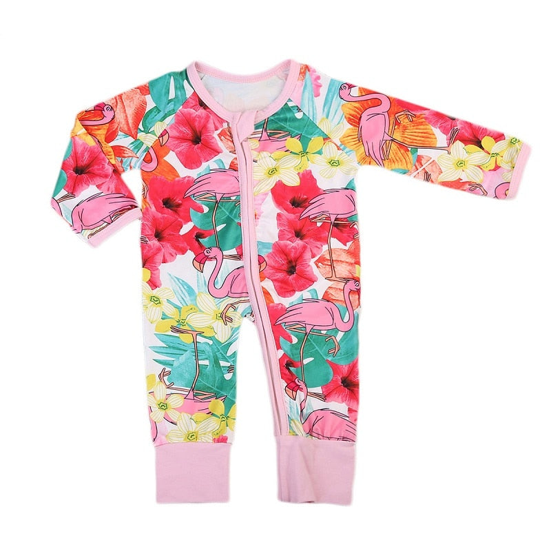 Floral Girls Suit Children Clothing Baby Boy Girl Zipper Flamingo Romper Cotton Jumpsuit Outfit Clothes AU - ebowsos