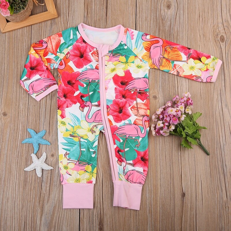 Floral Girls Suit Children Clothing Baby Boy Girl Zipper Flamingo Romper Cotton Jumpsuit Outfit Clothes AU - ebowsos