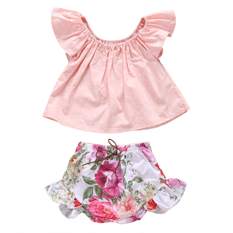 Floral Girls Suit Cute Kids Baby Girls Short Sleeveless Cotton T-shirt Tops+Shorts Pants Clothes Outfits Set 0-24M - ebowsos