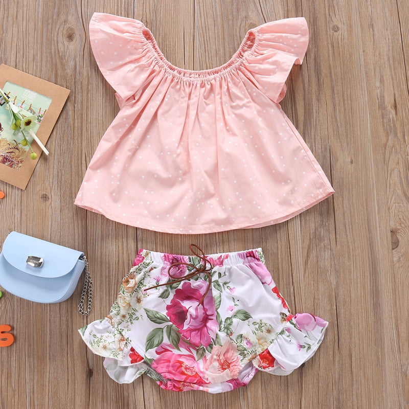 Floral Girls Suit Cute Kids Baby Girls Short Sleeveless Cotton T-shirt Tops+Shorts Pants Clothes Outfits Set 0-24M - ebowsos