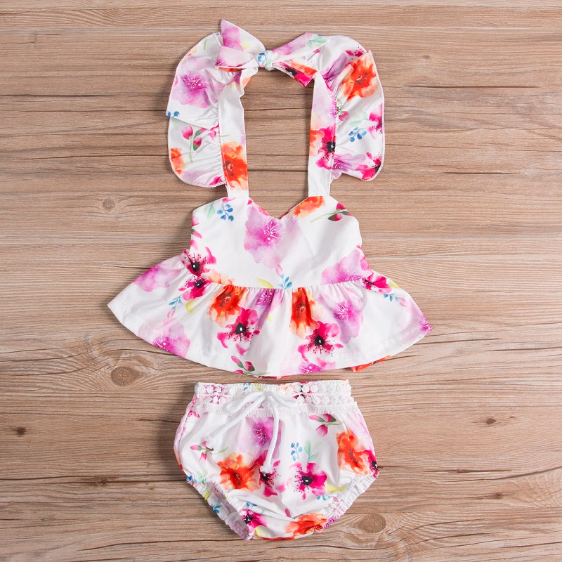 Floral Girls Suit Girls Clothing Set Summer Sleeveless Baby Girls Kids Outfits Top Blouse Shorts Pants Sunsuit Clothes - ebowsos