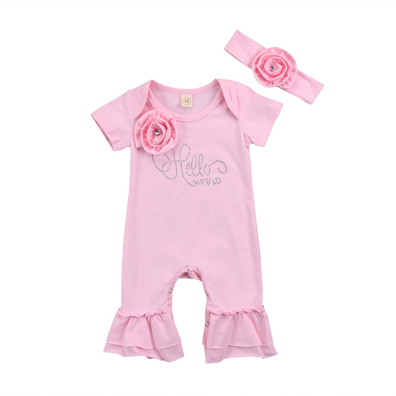 Floral Girls Suit Newborn Baby Girls Flower Romper Short Sleeve Cotton Jumpsuit Headband Outfits Clothes Set - ebowsos