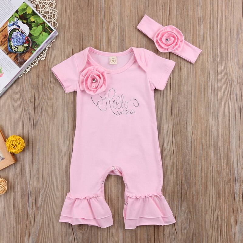 Floral Girls Suit Newborn Baby Girls Flower Romper Short Sleeve Cotton Jumpsuit Headband Outfits Clothes Set - ebowsos