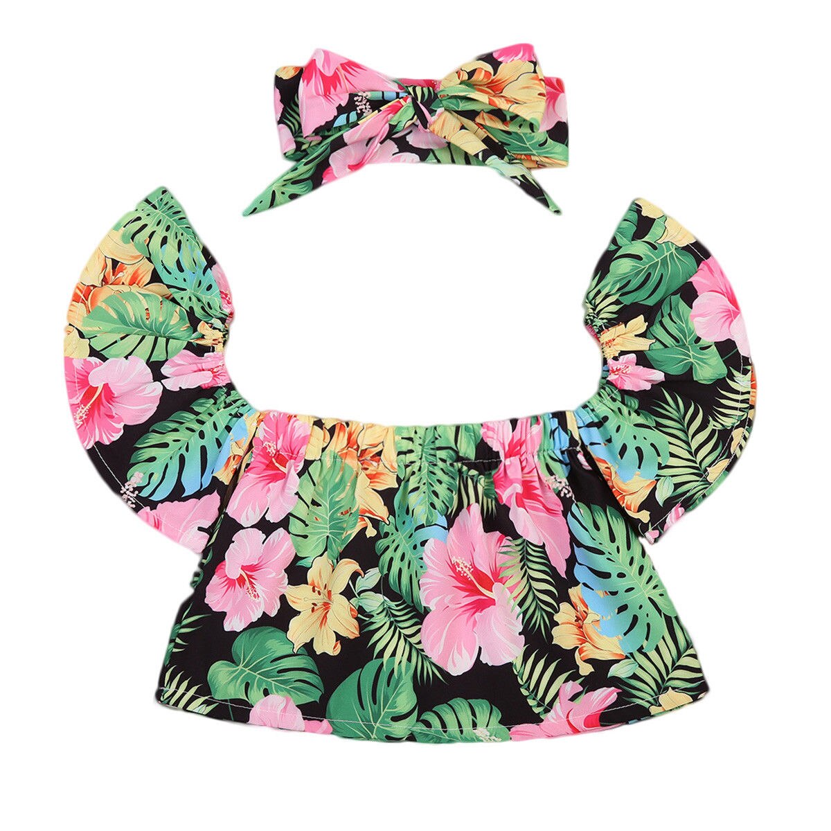 Floral Girls Suit Toddler Baby Girls Kids Off Shoulder Tops Shirt +Headband Outfit - ebowsos