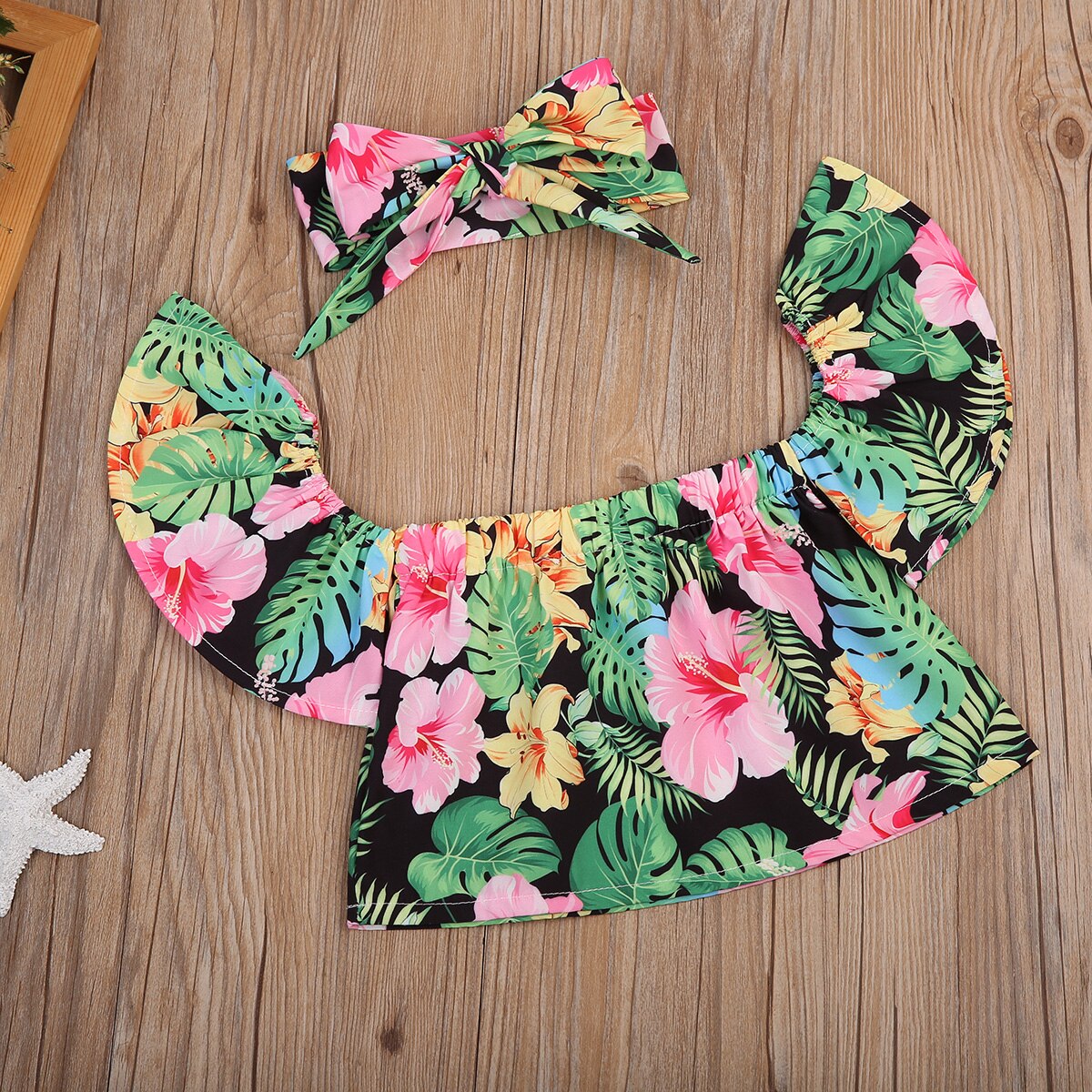 Floral Girls Suit Toddler Baby Girls Kids Off Shoulder Tops Shirt +Headband Outfit - ebowsos