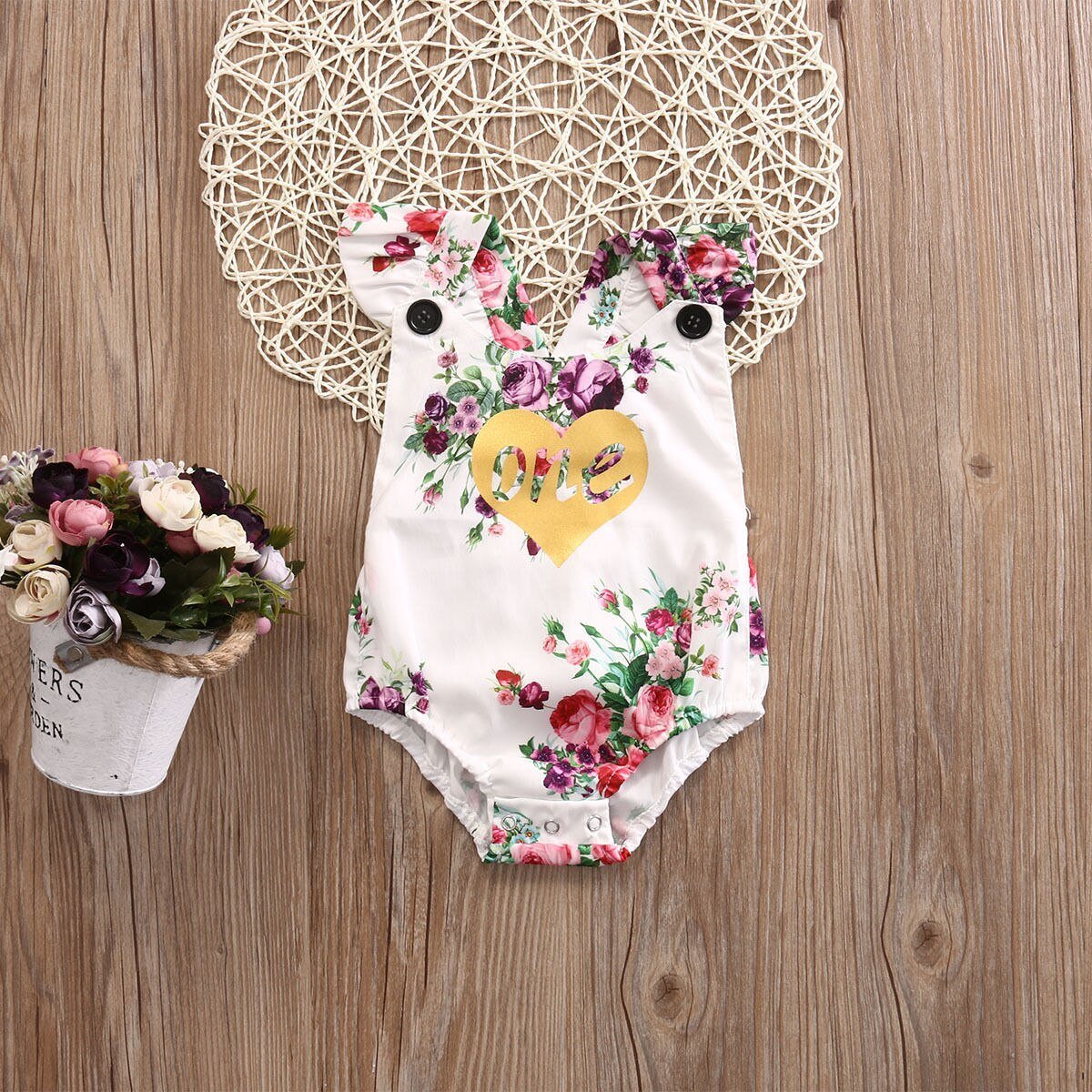 Floral Infant Baby Girls 1st Birthday Bodysuit Cotton Short Sleeve Jumpsuit Outfit - ebowsos