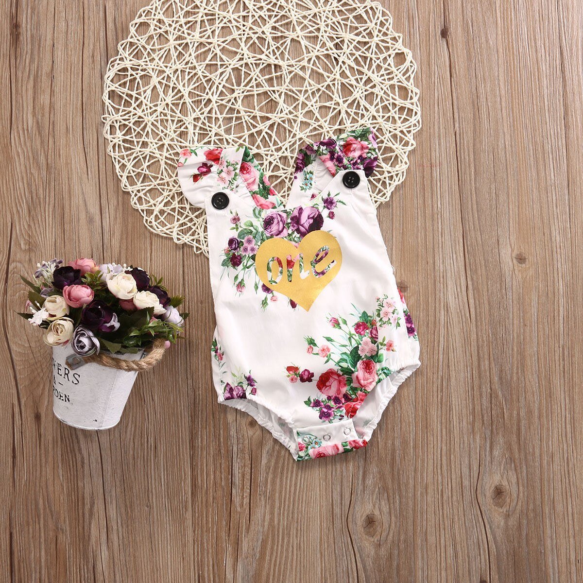 Floral Infant Baby Girls 1st Birthday Bodysuit Cotton Short Sleeve Jumpsuit Outfit - ebowsos