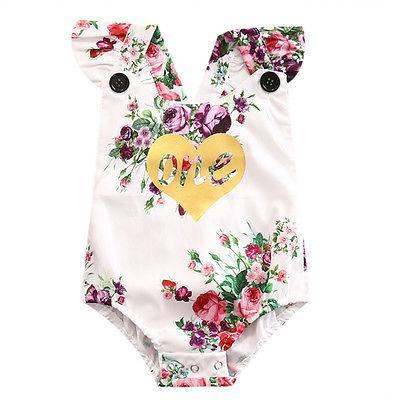 Floral Infant Baby Girls 1st Birthday Bodysuit Cotton Short Sleeve Jumpsuit Outfit - ebowsos