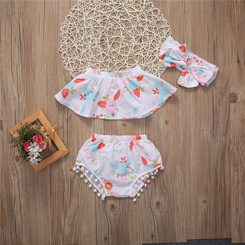 Floral Newborn Baby Girls Casual Tops+Short Pants Bottoms+Headband 3pcs Outfits - ebowsos