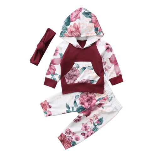 Flower Hoodie Newborn Baby Kids Girls Clothing Sets  Floral Hooded Long Sleeve Tops+Long Pants Outfits Set 0-36M - ebowsos