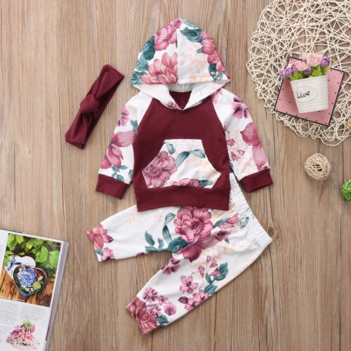 Flower Hoodie Newborn Baby Kids Girls Clothing Sets  Floral Hooded Long Sleeve Tops+Long Pants Outfits Set 0-36M - ebowsos