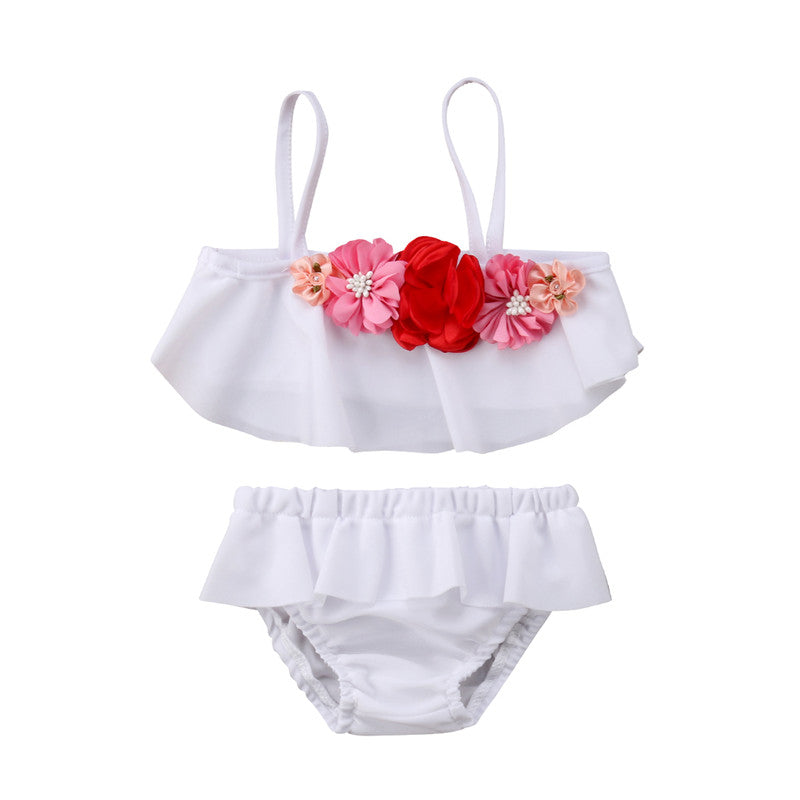 Flower Kids Baby Girl 3D Floral White Swimming Bikini Toddler Baby Girls Summer Ruffles Swimsuit Swimwear Bathing - ebowsos