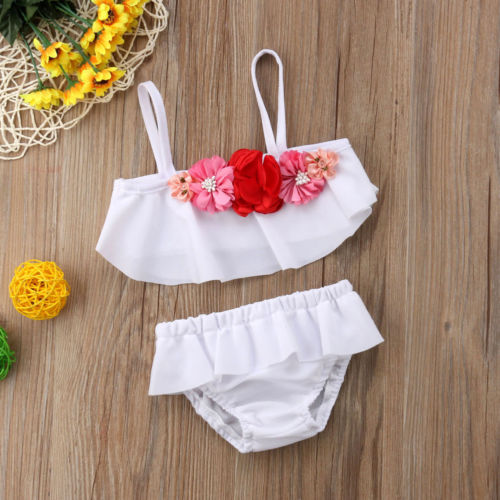 Flower Kids Baby Girl 3D Floral White Swimming Bikini Toddler Baby Girls Summer Ruffles Swimsuit Swimwear Bathing - ebowsos