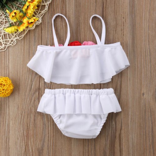 Flower Kids Baby Girl 3D Floral White Swimming Bikini Toddler Baby Girls Summer Ruffles Swimsuit Swimwear Bathing - ebowsos