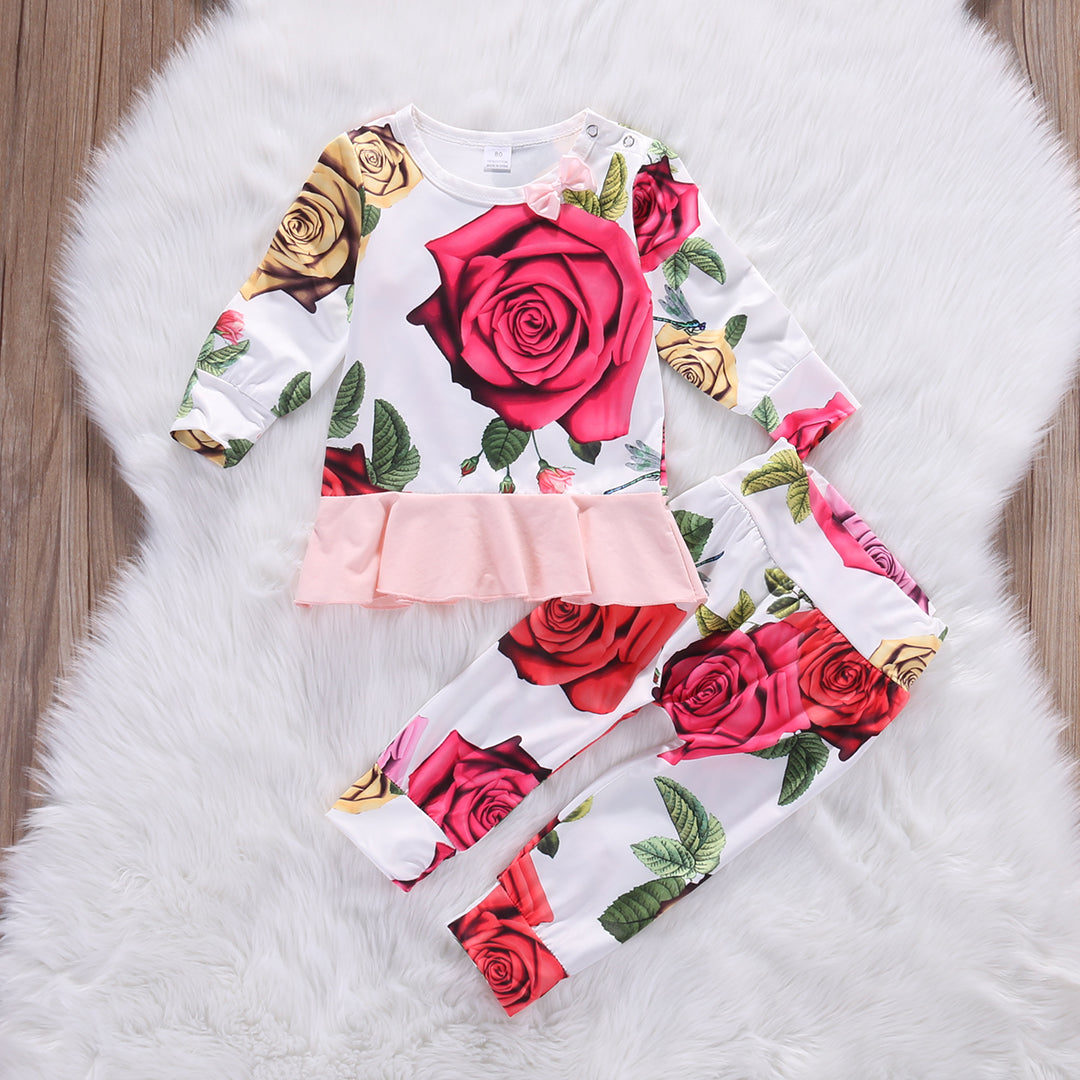 Flower Rose Baby Girl Clothes Long Sleeve Cotton Tops T-shirt+Pants 2pcs Outfits Set - ebowsos