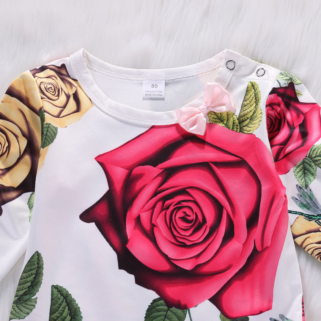 Flower Rose Baby Girl Clothes Long Sleeve Cotton Tops T-shirt+Pants 2pcs Outfits Set - ebowsos