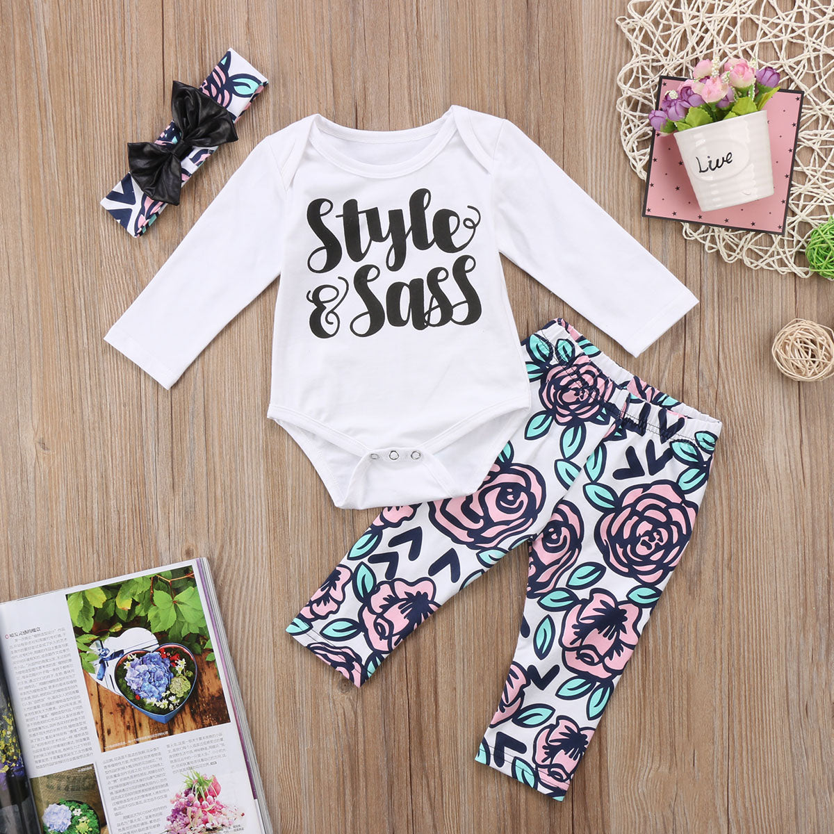 Flower Rose Toddler Baby Infant Girl Long Sleeve Cotton Bodysuit Long Pants Leggings Outfits Clothes Set - ebowsos