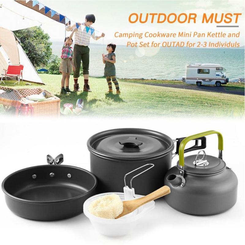 Foldable Camping Picnic Cookware Mini Pan Kettle Pot Set for 2-3 Individuls-ebowsos