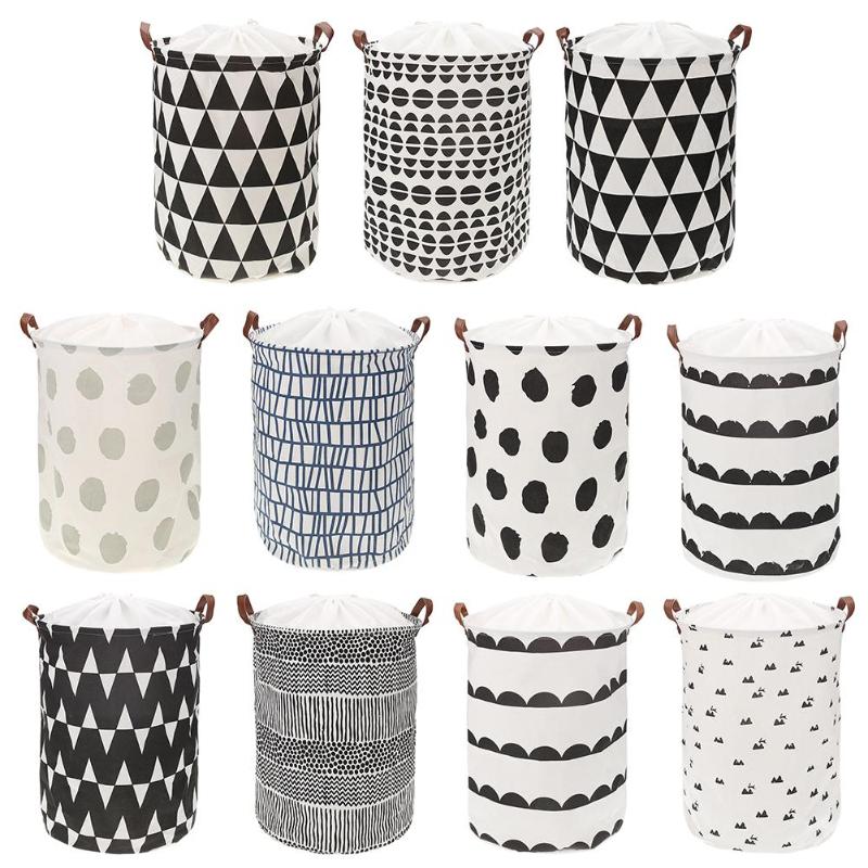 Folding Geometry Drawstring Canvas Laundry Basket Clothes Toys Large Bucket Bag Washing Dirty Clothes Big Basket Bin Handle - ebowsos