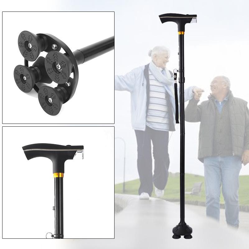 Folding Thicken Elderly T-handle Walking Stick 5 Modes Adjustable Telescopic Hiking Pole Crutch Stick Cane with LED Light-ebowsos