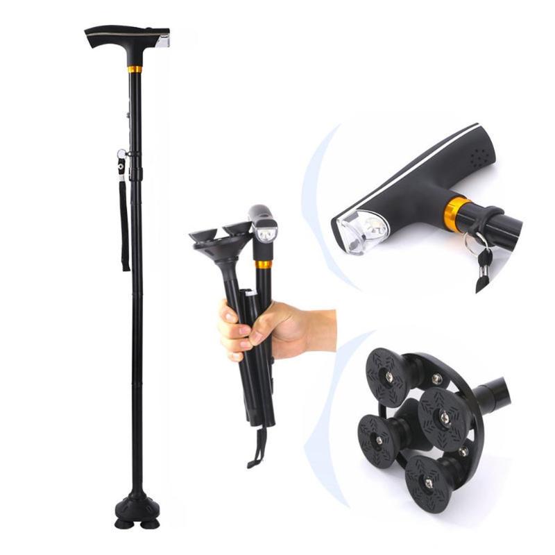 Folding Thicken Elderly T-handle Walking Stick 5 Modes Adjustable Telescopic Hiking Pole Crutch Stick Cane with LED Light-ebowsos