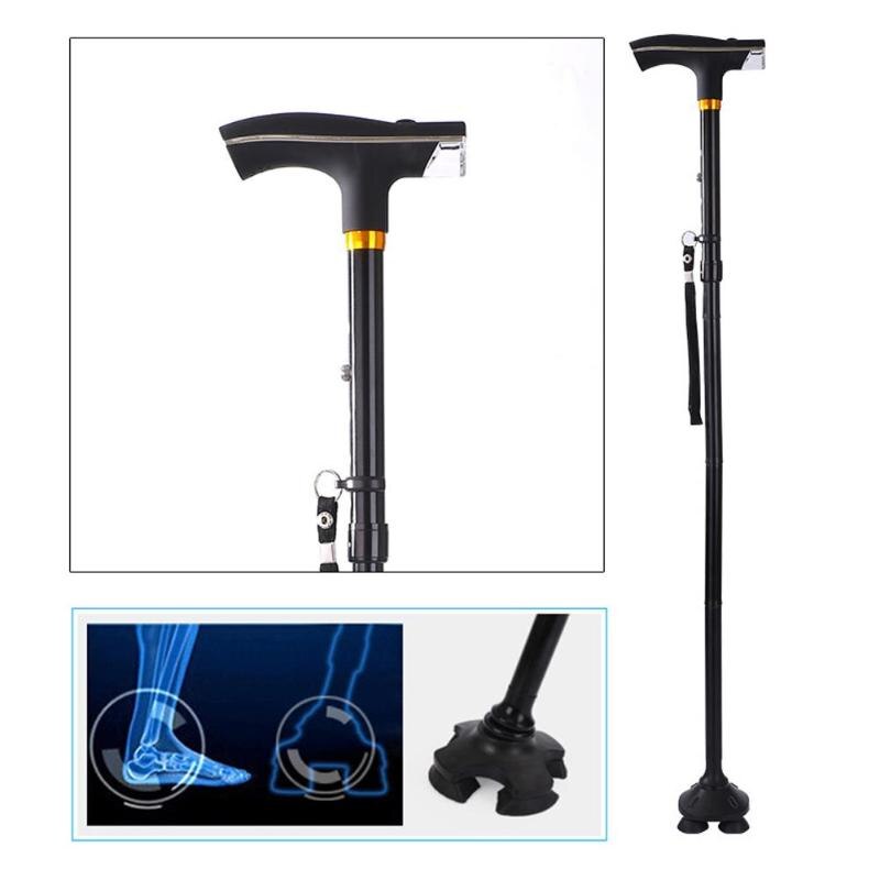 Folding Thicken Elderly T-handle Walking Stick 5 Modes Adjustable Telescopic Hiking Pole Crutch Stick Cane with LED Light-ebowsos