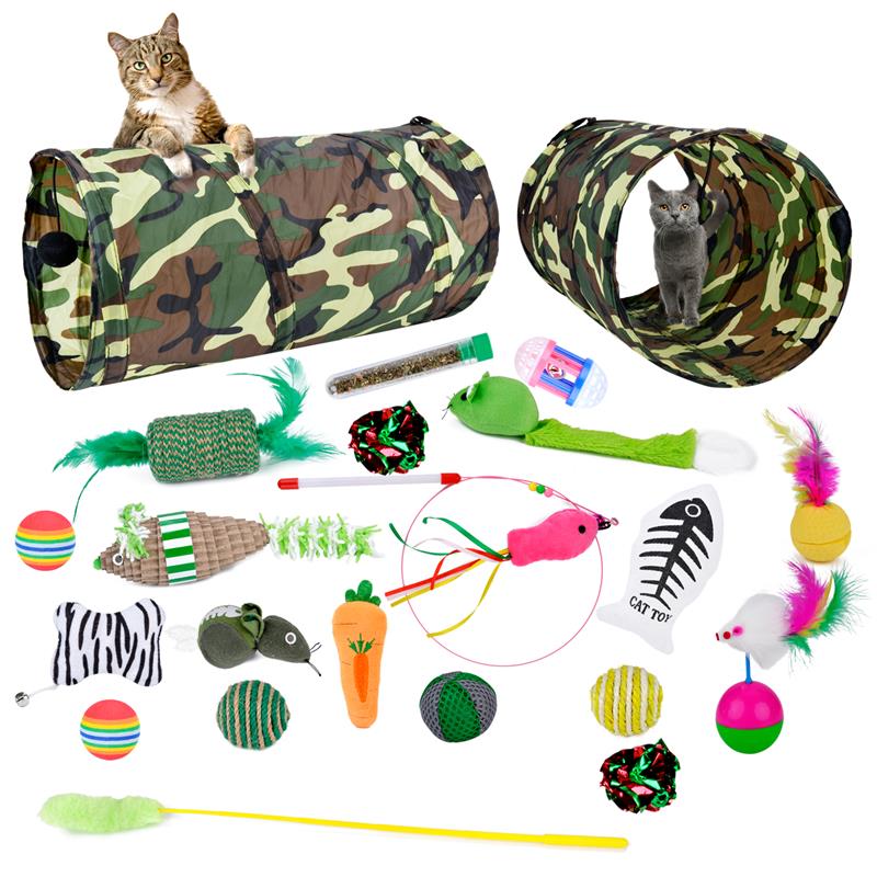 Funny Folding Pet Cat Tunnel Cat Play Tunnel Tubes Feather Tease Cat Sticks Kitten Mint Toys Puppy Toy 21 pcs/set-ebowsos