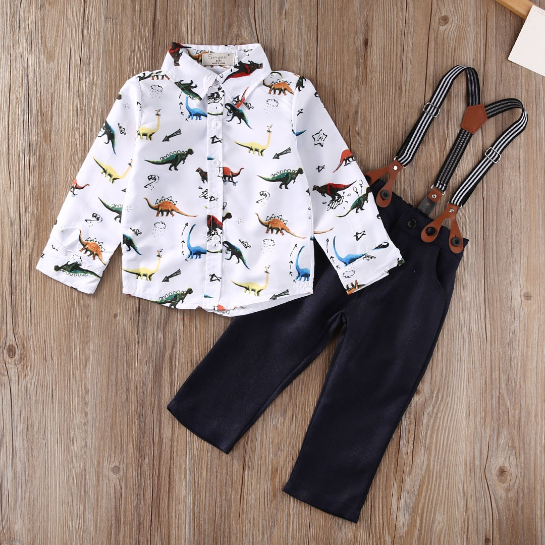 Gentleman dinosaur Kids Boys Long Sleeve Shirt Tops+Braces+Pants Clothes 3pcs Outfit Set - ebowsos