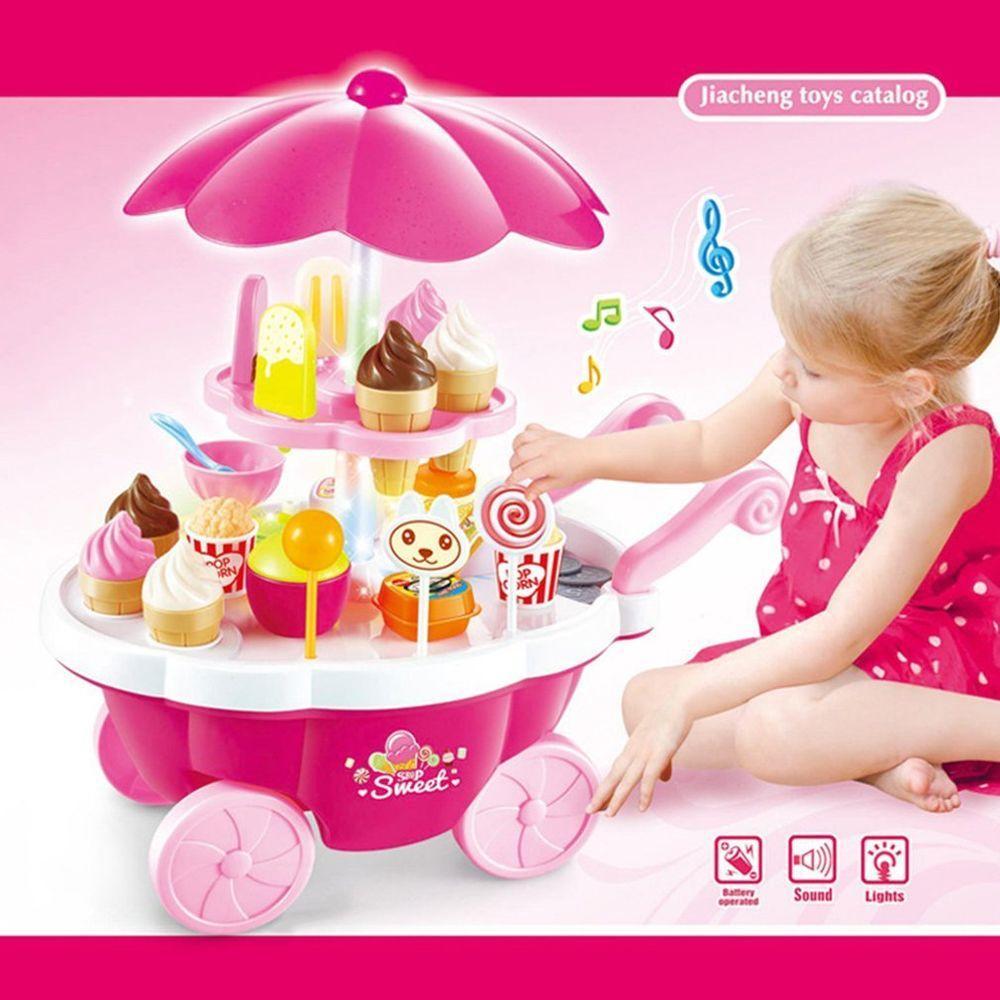 Girl Candy Cart Ice Cream Shop Supermarket Trolley Kids Toys With Light Music-ebowsos