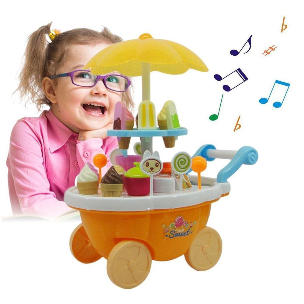 Girl Candy Cart Ice Cream Shop Supermarket Trolley Kids Toys With Light Music-ebowsos