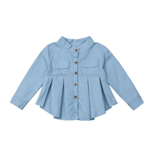 Girl Clothing Kids Long Sleeve Blouse Denim Casual Shirt Top Blue Solid Plus Size Autumn Spring - ebowsos