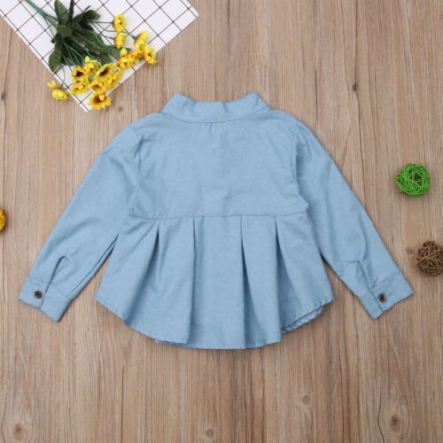 Girl Clothing Kids Long Sleeve Blouse Denim Casual Shirt Top Blue Solid Plus Size Autumn Spring - ebowsos