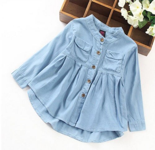 Girl Clothing Kids Long Sleeve Blouse Denim Casual Shirt Top Blue Solid Plus Size Autumn Spring - ebowsos