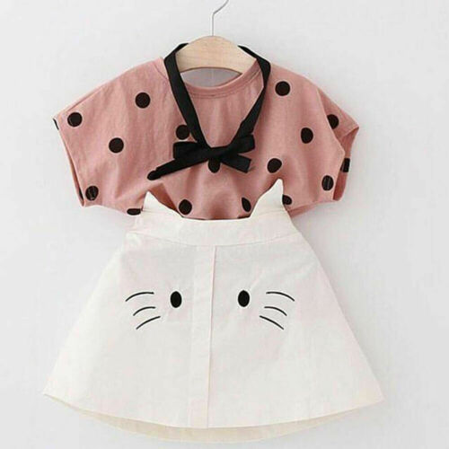 Girl Cotton Clothes Baby Kids Girls Summer Outfits Cat Print Short Sleeve Shirt Tops + Skirts Set 2pcs - ebowsos