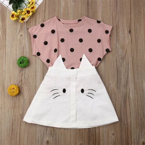 Girl Cotton Clothes Baby Kids Girls Summer Outfits Cat Print Short Sleeve Shirt Tops + Skirts Set 2pcs - ebowsos