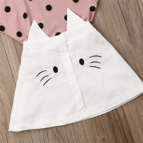 Girl Cotton Clothes Baby Kids Girls Summer Outfits Cat Print Short Sleeve Shirt Tops + Skirts Set 2pcs - ebowsos