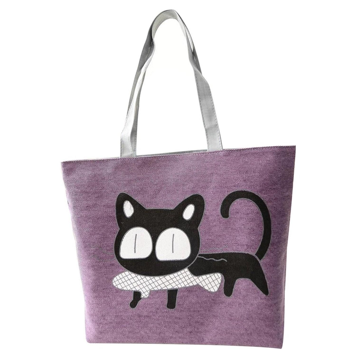 Girl cat eat fish shopping bag Shoulder Women Handbags beach tote bags handbags purple - ebowsos