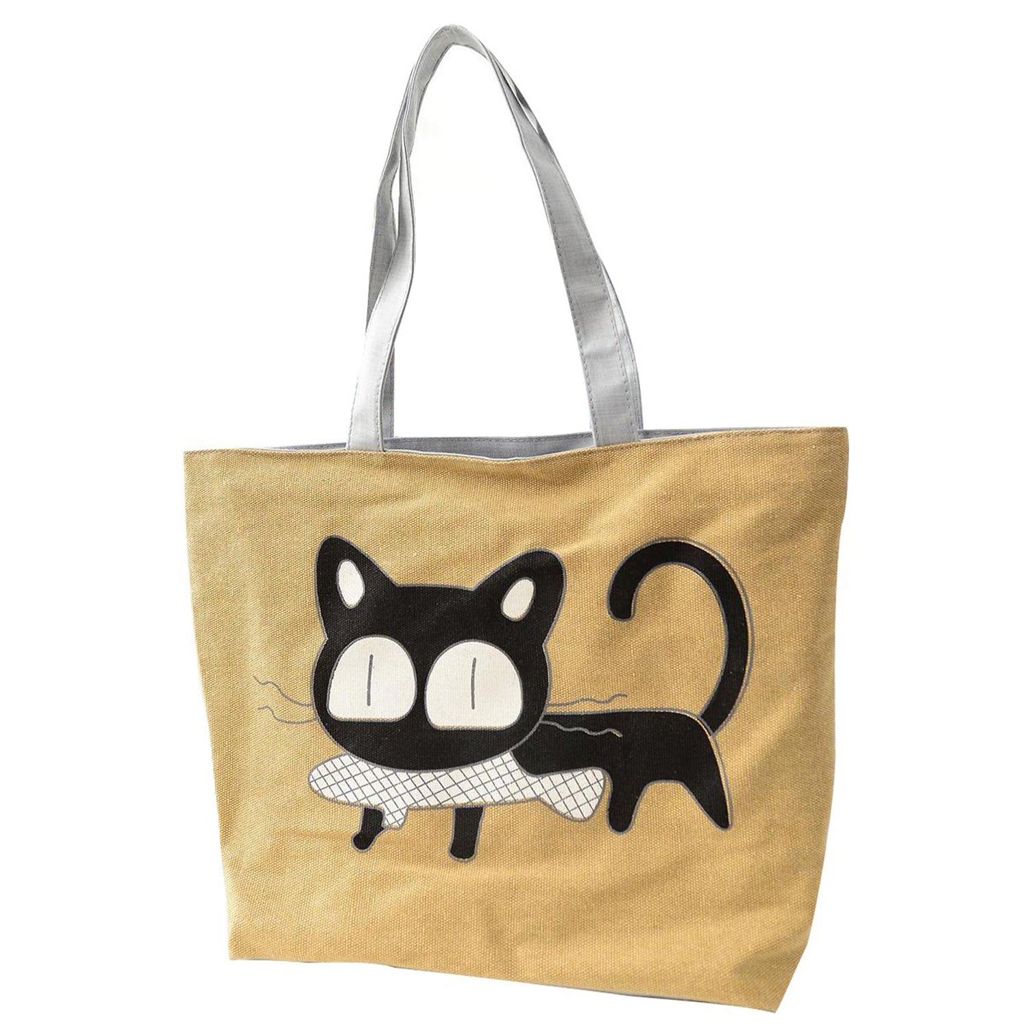 Girl cat eat fish shopping bag Shoulder Women Handbags beach tote bags handbags yellow - ebowsos