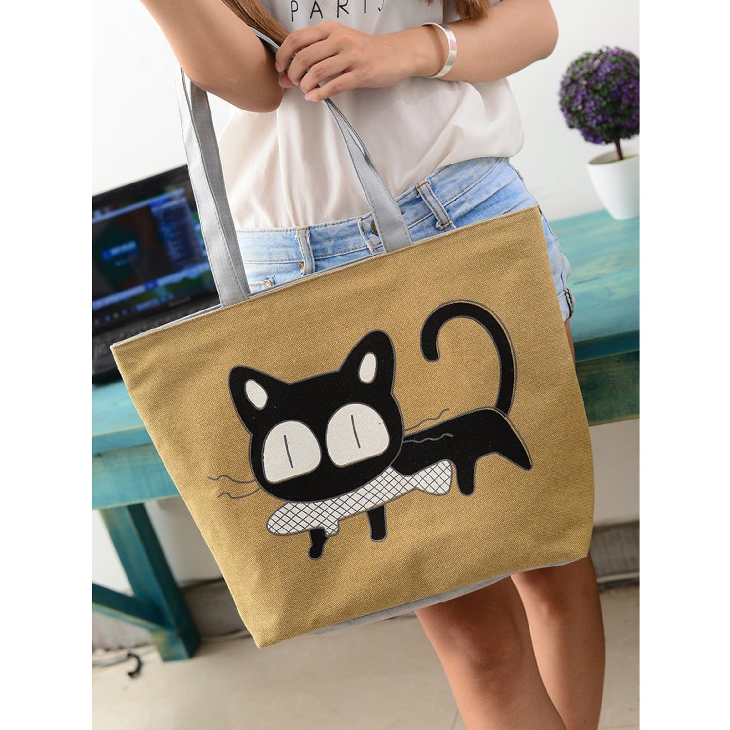 Girl cat eat fish shopping bag Shoulder Women Handbags beach tote bags handbags yellow - ebowsos