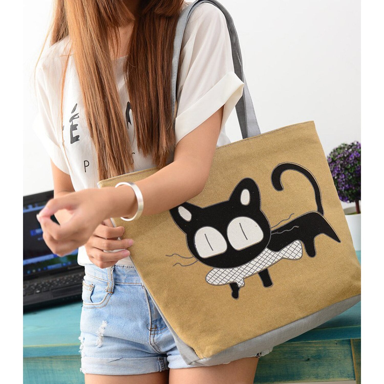 Girl cat eat fish shopping bag Shoulder Women Handbags beach tote bags handbags yellow - ebowsos